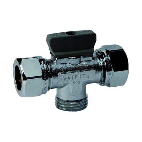 Vatette kulventil trevägs utvändig gänga med vred Vatette kulventil trevägs utvändig gänga med vred Vatten Vred med skruvinfästning och vridstopp